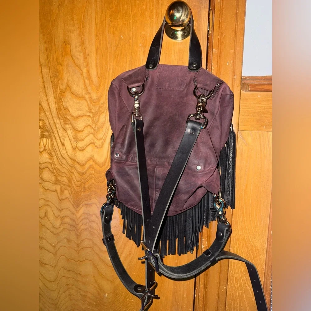 Birdtrouble 100% leather Mini Melissa purple&black pebbled bison fringe backpack - Picture 10 of 12